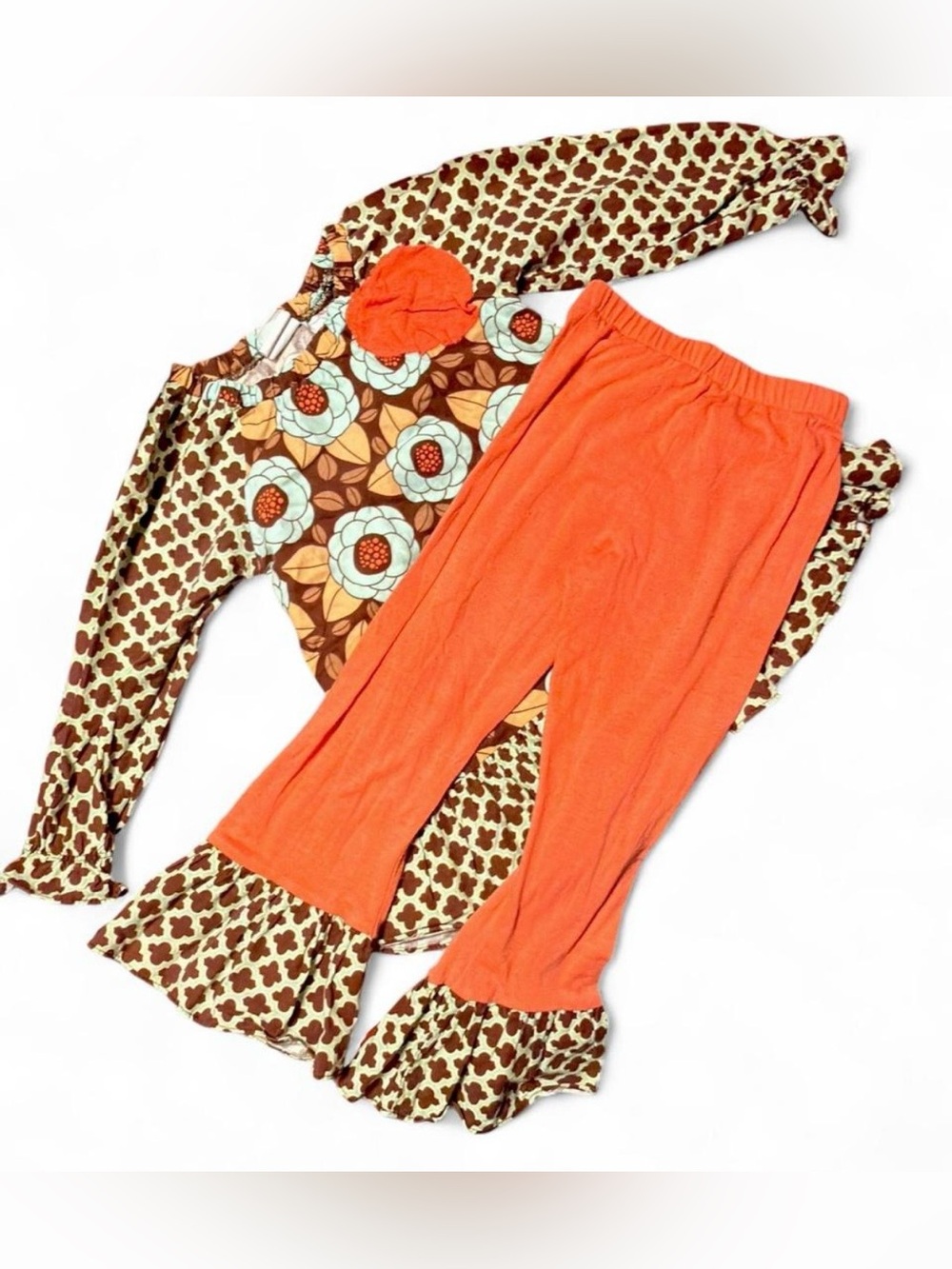 Peaches N Cream - Girls Orange & Brown Floral Two-Piece Matching Set